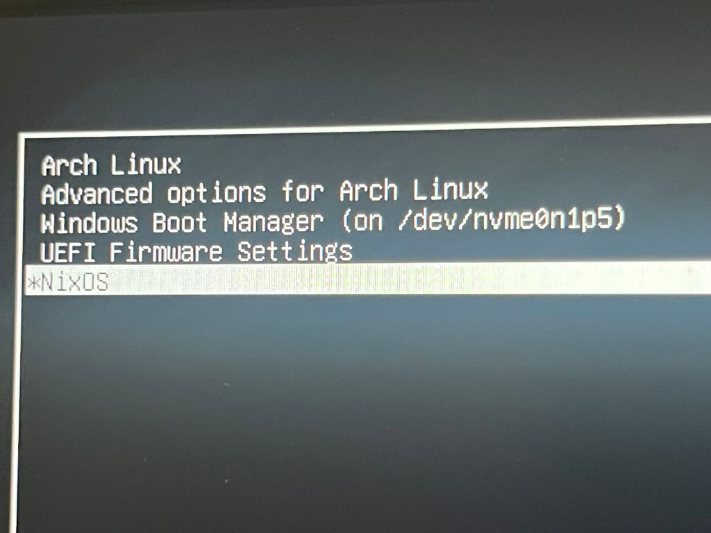 GRUB2.0 with ArchLinux, Windows Boot Manager, UEFI settings and NixOS