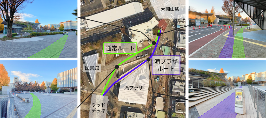 校門からウッドデッキまでの2通りの道を示した画像。ルートは滝プラザの地下へ続く階段により2つに分かれていて、通常は北側のルートを通る。本記事では、北側のルートを通常ルート、南側のルートを滝プラザルートと呼ぶ。