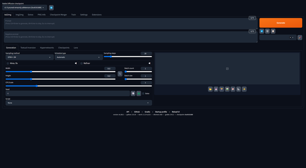 Stable Diffusion web UIの画面