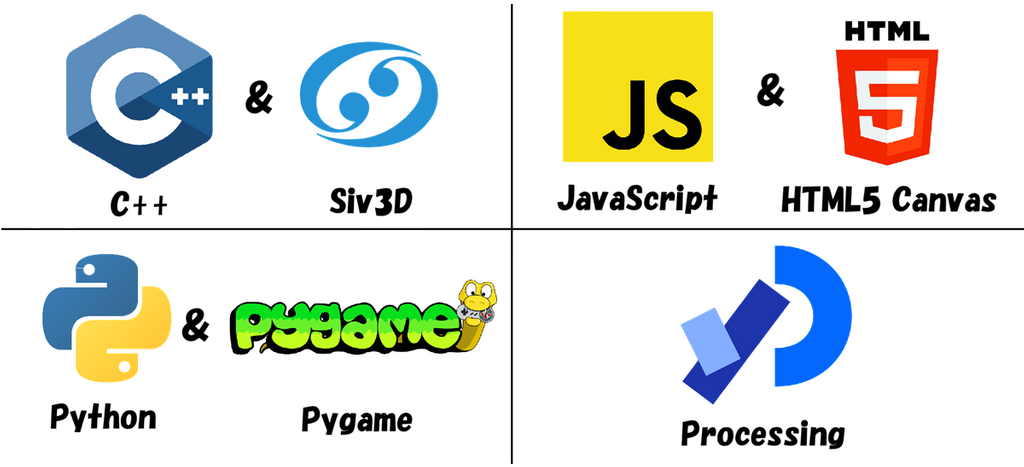 C++ & Siv3D, Python & PyGame, JavaScript & HTML5 Canvas, Processing