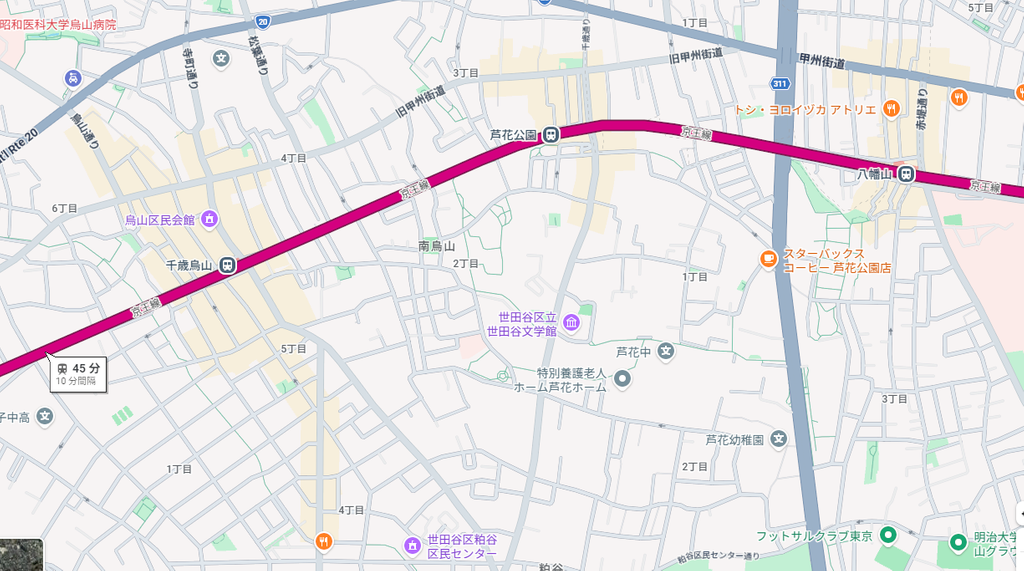 千歳烏山の商業エリアが大きいことが読み取れるgoogleMapスクショ