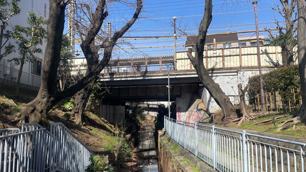 小川をまたぐように立地する代田橋駅ホーム